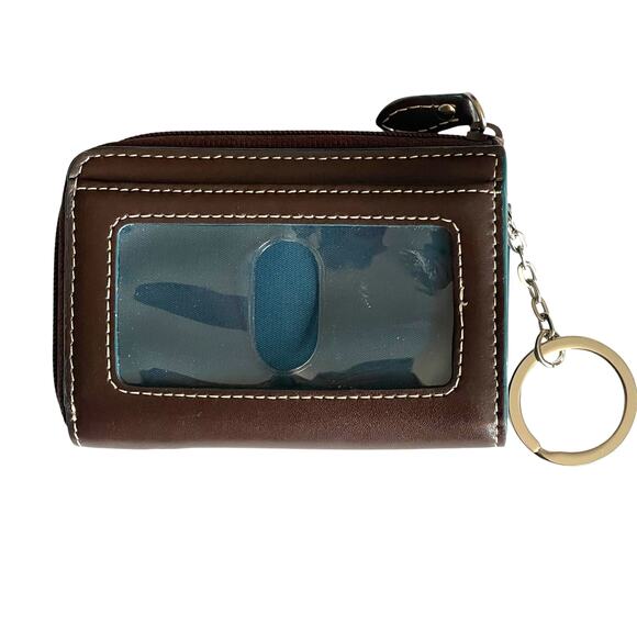 Lodis Brown & Teal Leather Credit Card Wallet with Key Ring Zip Around - Picture 2 of 6